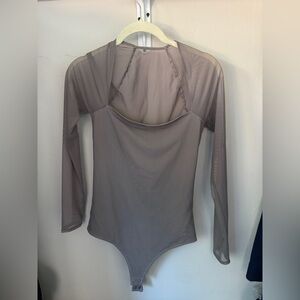 Abercrombie Long-Sleeve Mesh Squareneck Bodysuit in Taupe